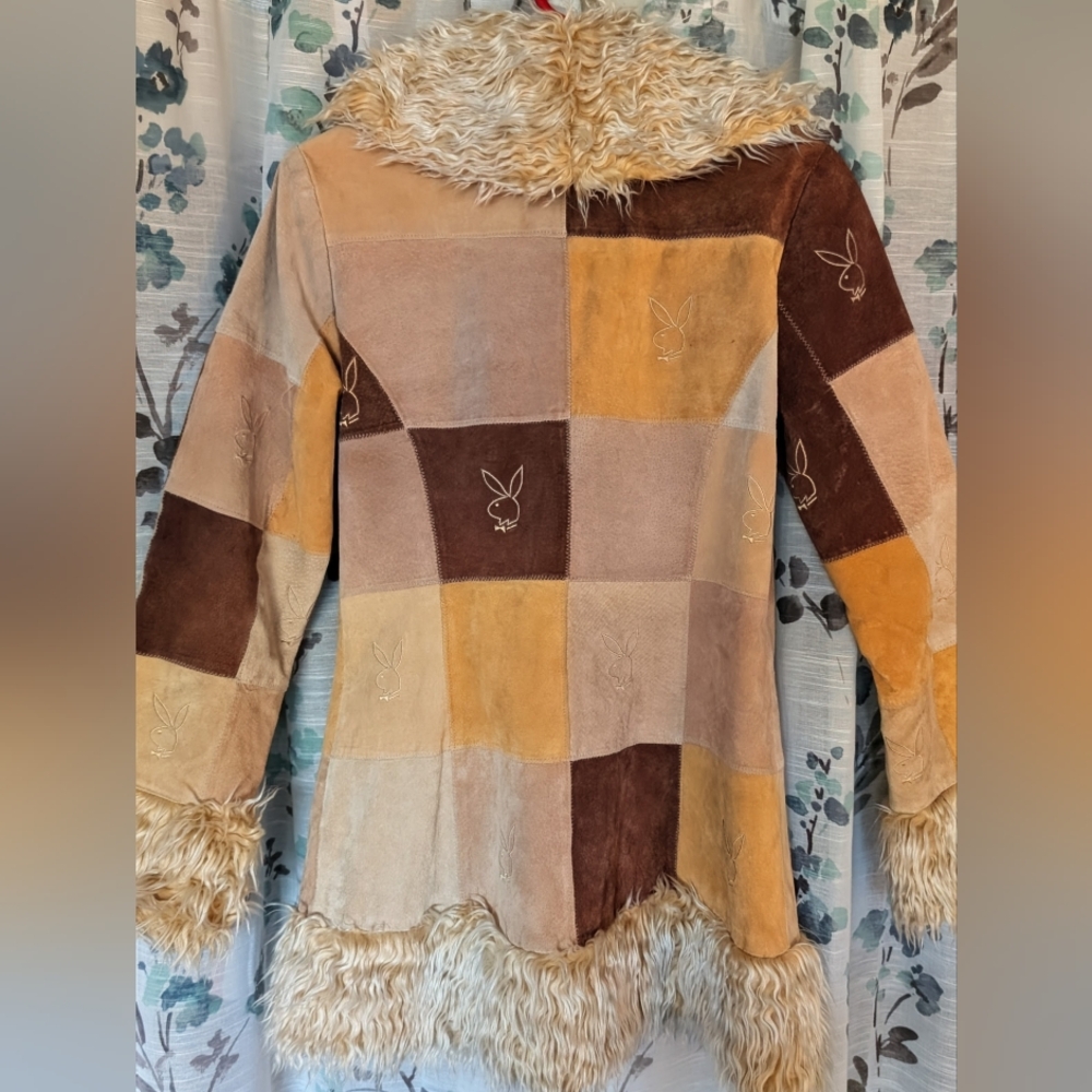 Women’s Patchwork Suede Coat with Faux Fur Trim - Taupe & Brown - Picture 4 of 12